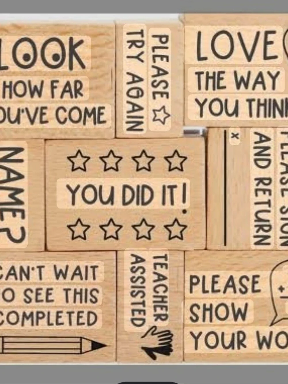 Teacher Stamp Set - Natural Wood & Black Ink Design